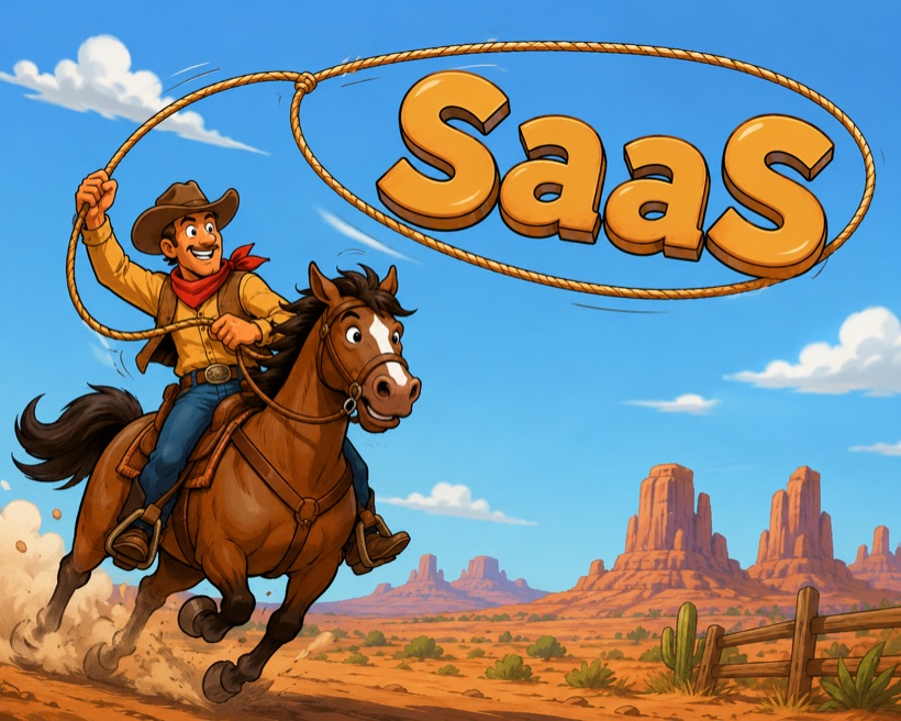 A cowboy lassoing the word SaaS — round up your runaway SaaS subscriptions and bring them home to self-hosting