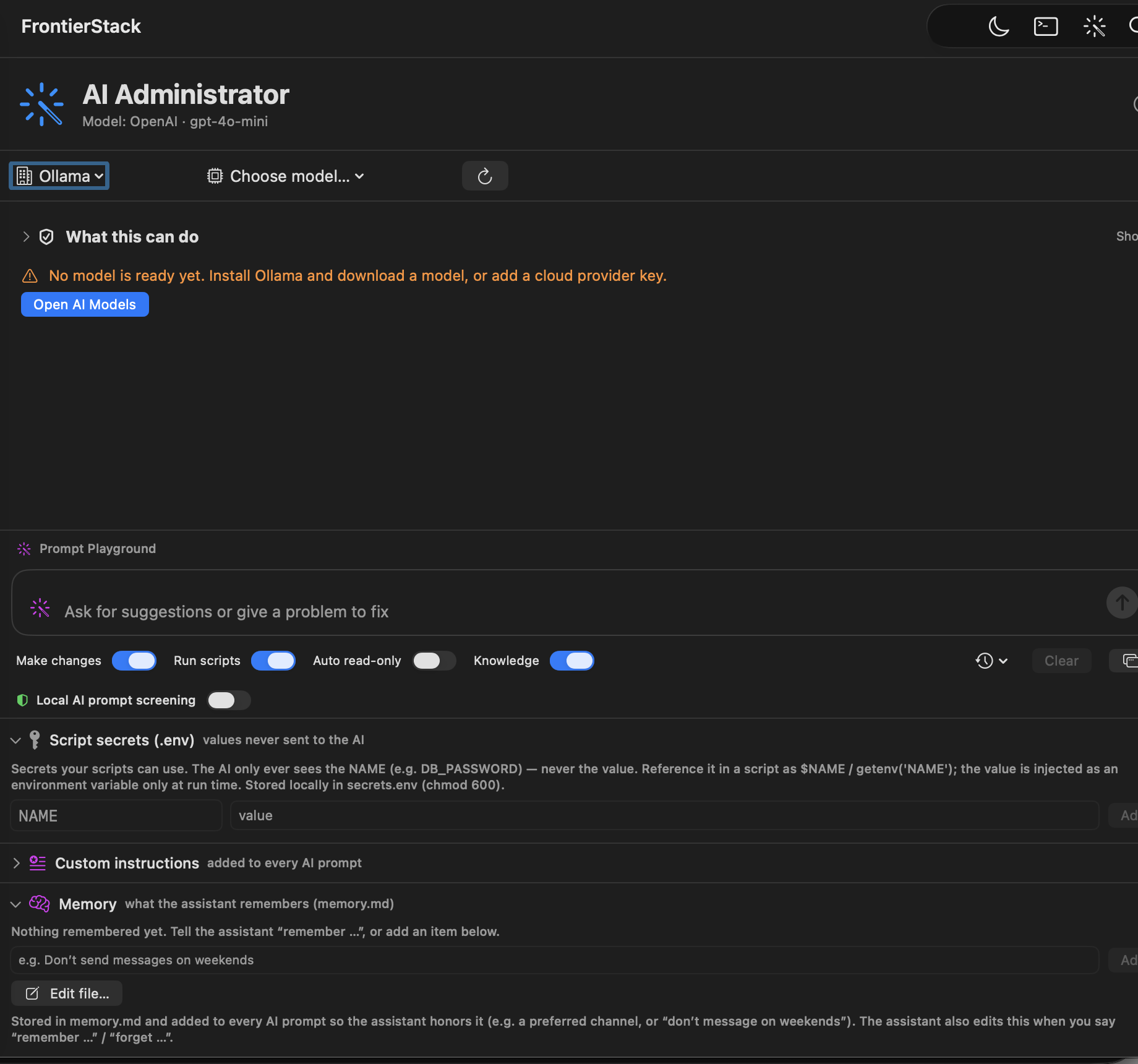 The AI Administrator on first run: model selection, trust controls, Prompt Firewall, the local <code>.env</code> secret vault and long-term memory.