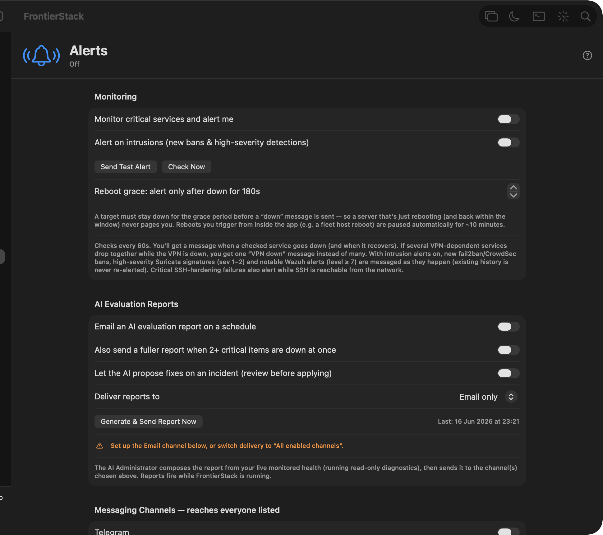 FrontierStack Alerts dashboard monitoring servers and services
