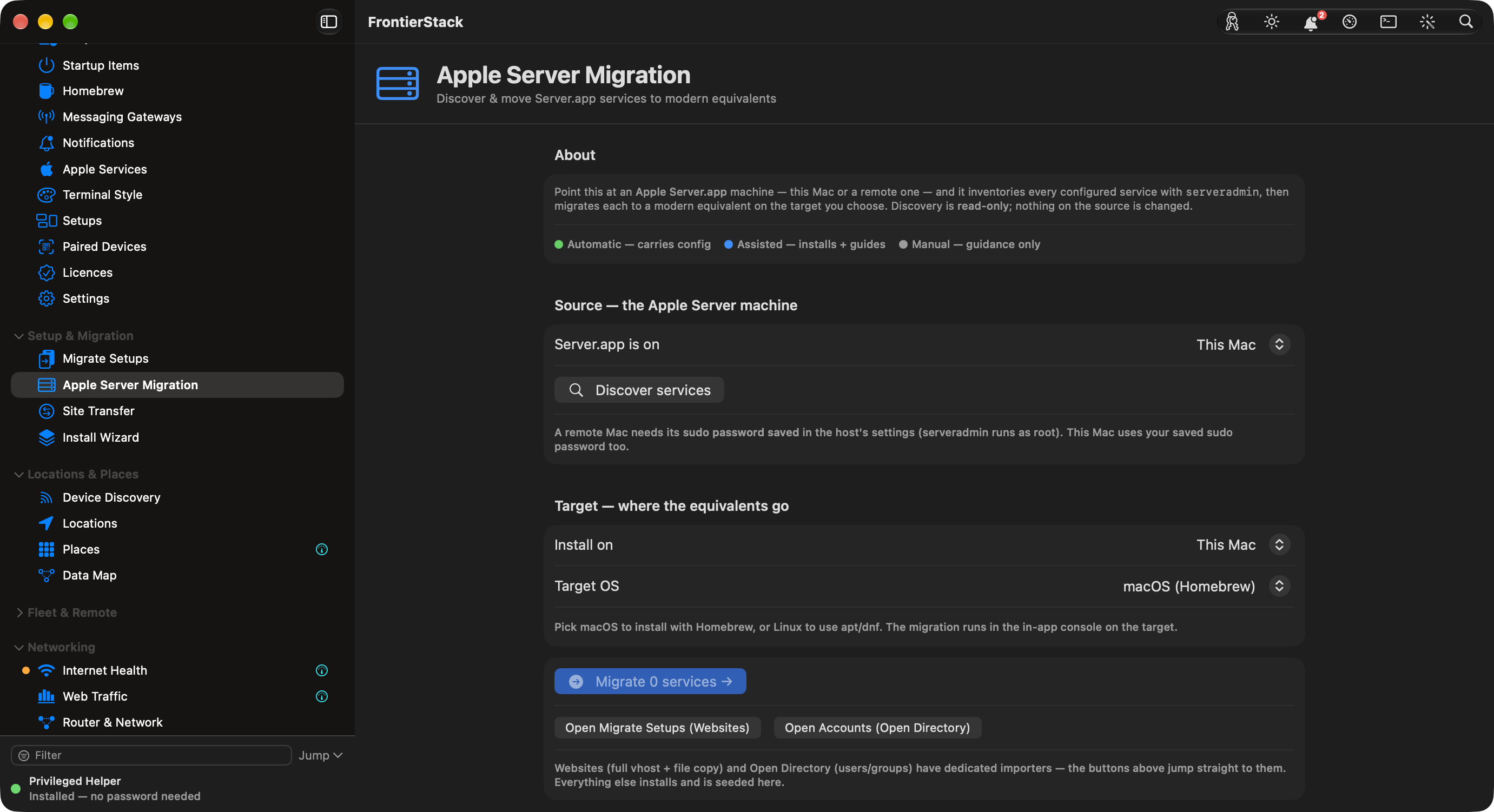 Server.app 머신과 최신 대응 서비스를 설치할 위치를 선택하는 FrontierStack Apple Server Migration 패널