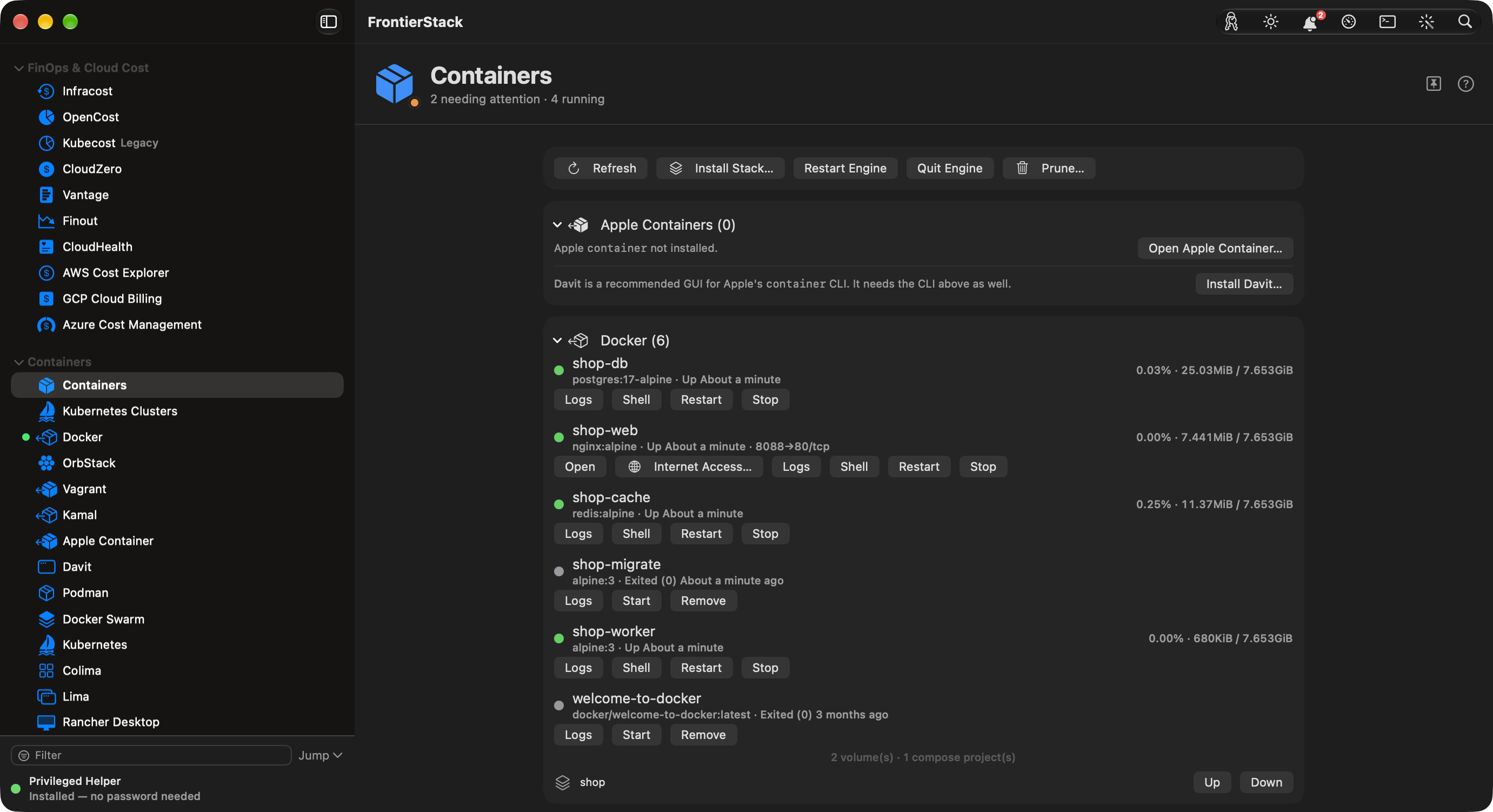 데모 compose 프로젝트를 표시한 FrontierStack 컨테이너 패널