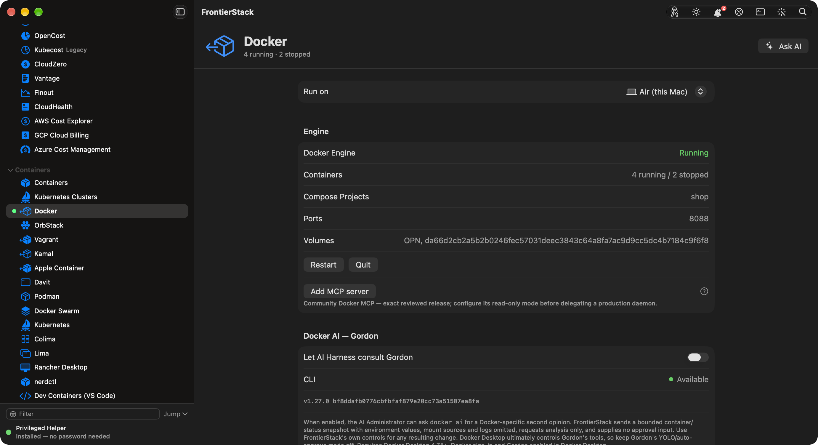 실행 중인 엔진, 컨테이너 수, compose 프로젝트, 포트, 볼륨을 보여 주는 FrontierStack Docker 패널