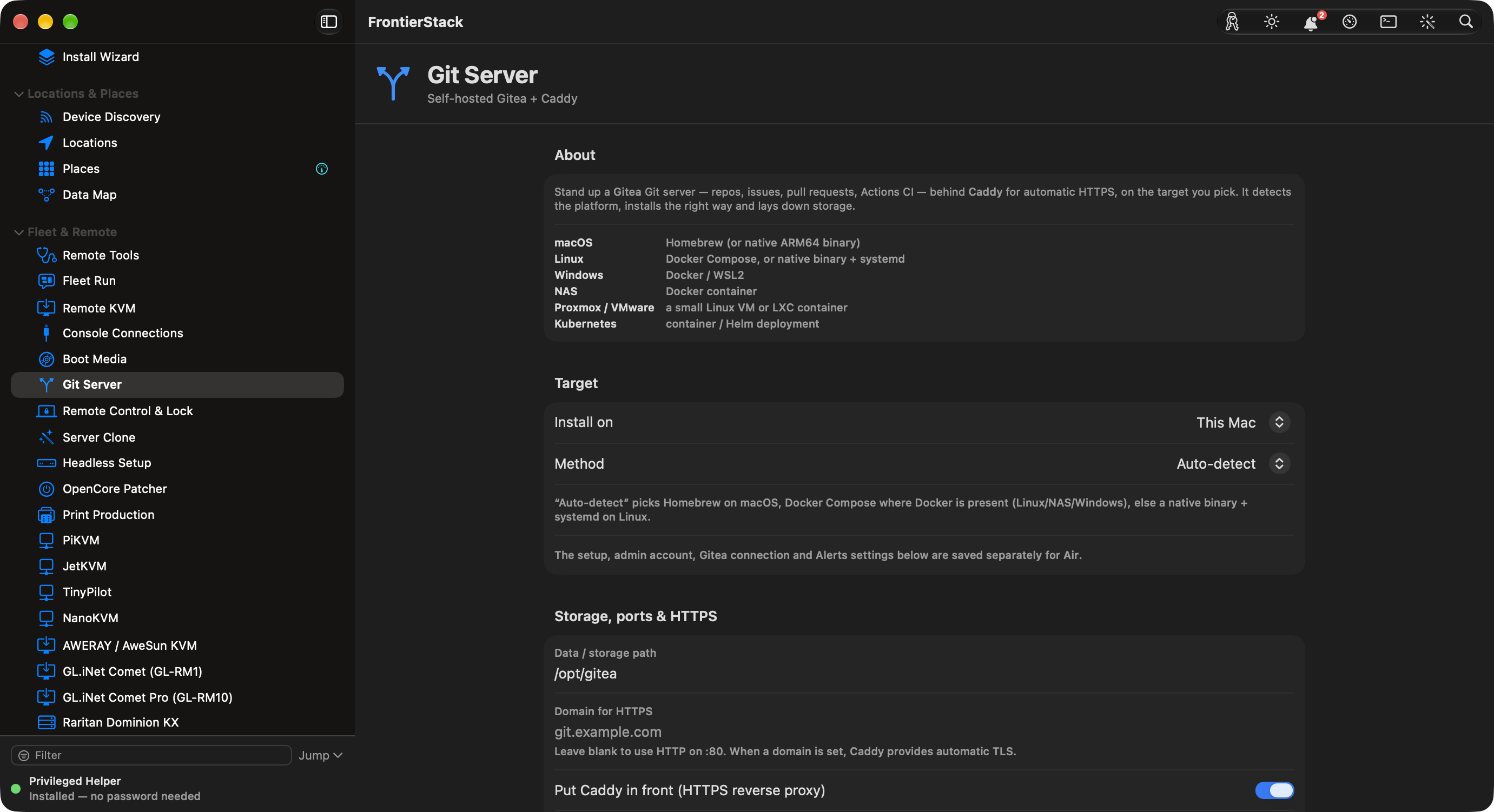 Git Server 패널: 선택한 대상에 Caddy 뒤로 Gitea를 구축하며, 설치 방법은 플랫폼별로 선택되고 도메인을 설정하면 HTTPS가 자동으로 처리됩니다.