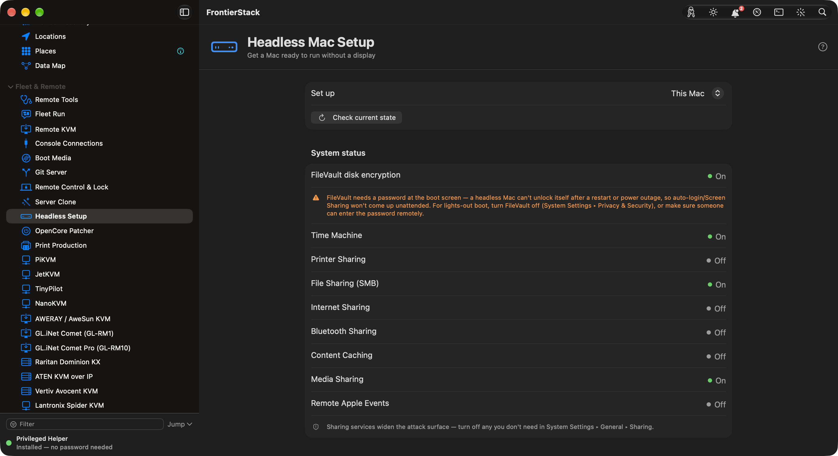헤드리스 Mac 설정: FileVault, Time Machine, 모든 공유 서비스의 현재 상태와, 무인 Mac이 정전 후 다시 돌아오지 못하게 만드는 설정에 대한 경고.