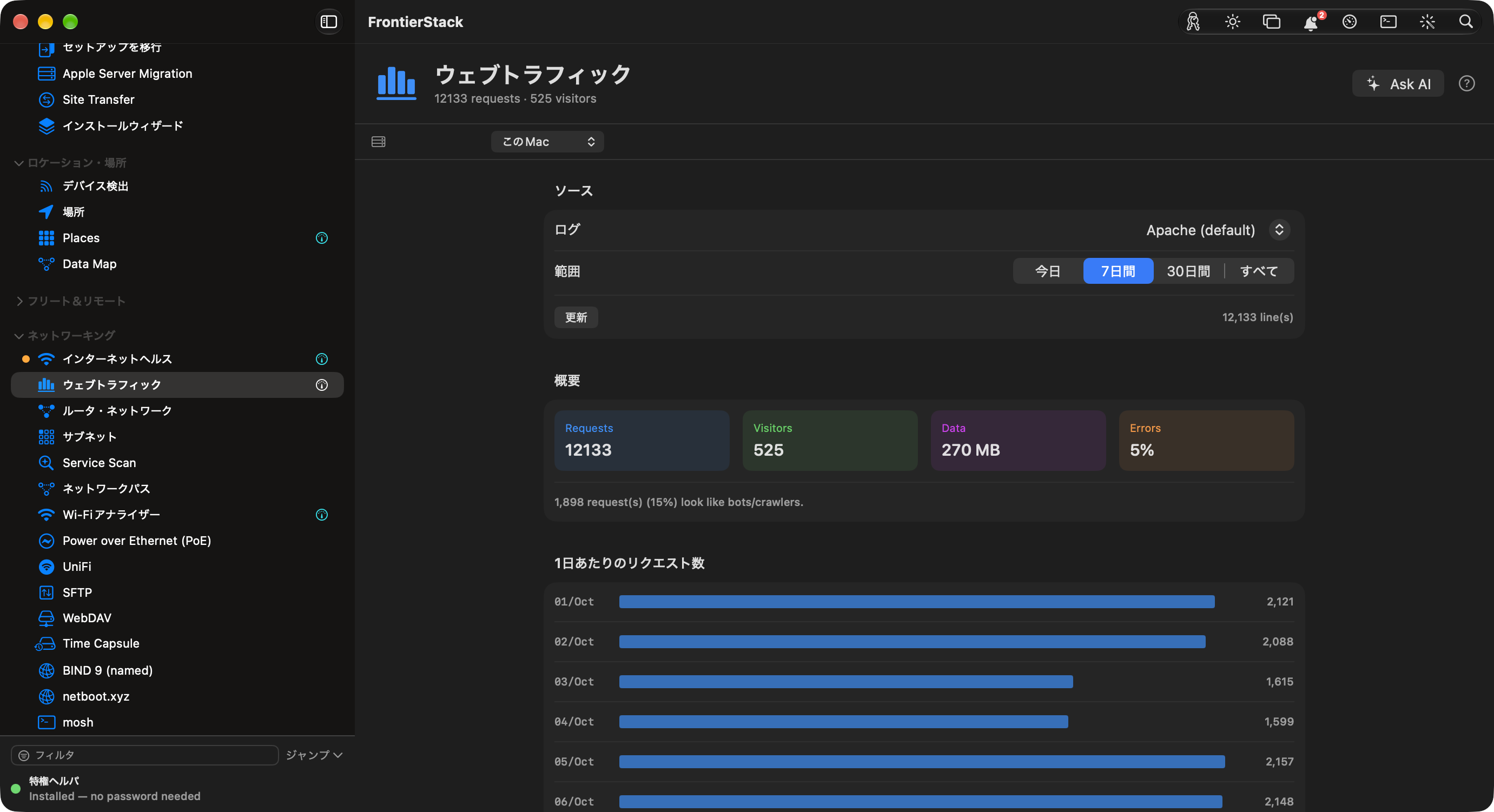 サンプルのアクセスログを表示した FrontierStack ウェブトラフィックペイン