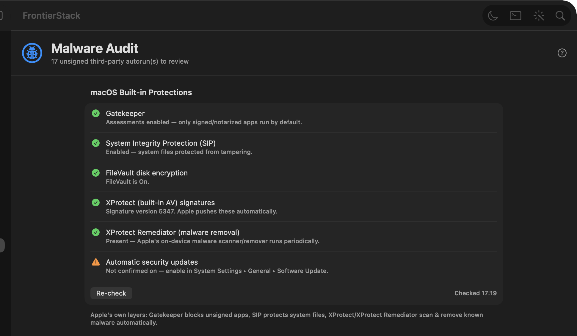 FrontierStack Malware Audit security dashboard
