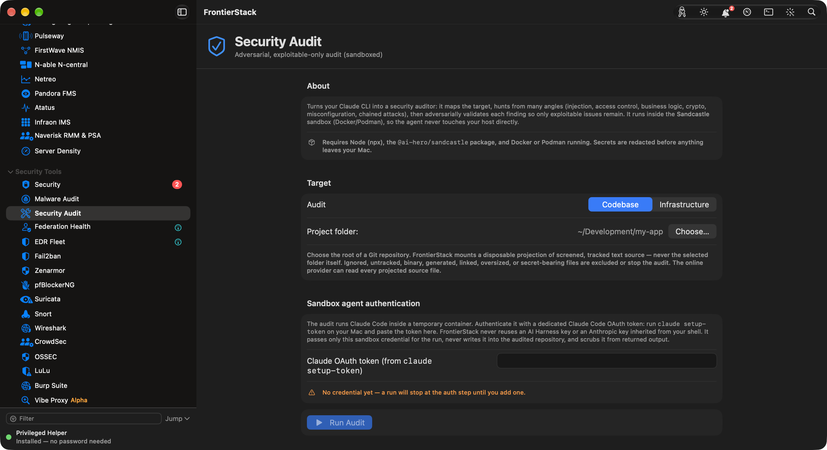 Security Audit 패널: 일회용 샌드박스에서 코드베이스나 인프라를 감사하며, 다른 곳에서는 재사용하지 않는 전용 Claude Code 토큰으로 인증합니다.