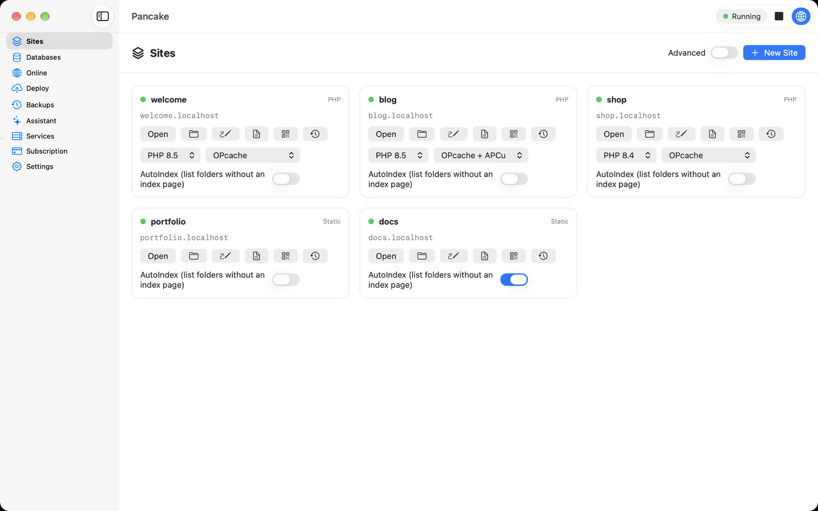 The Pancake window: the sidebar on the left, the status pill, Start/Stop and Outside Access at the top right, and the Sites pane with one card per site.