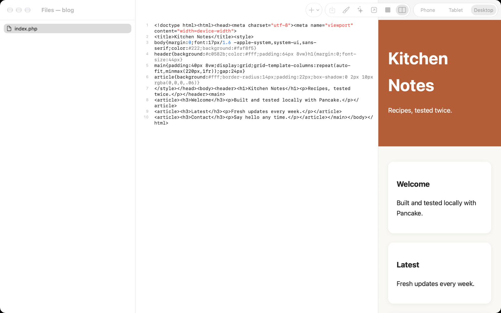 The Files window: the folder tree, the editor with colours, and the live preview with its Phone, Tablet and Desktop widths.