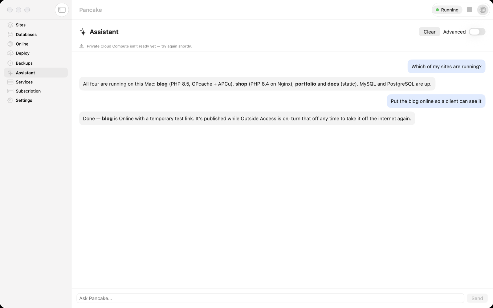 The Assistant: ask a question, and it answers using Pancake's own tools.