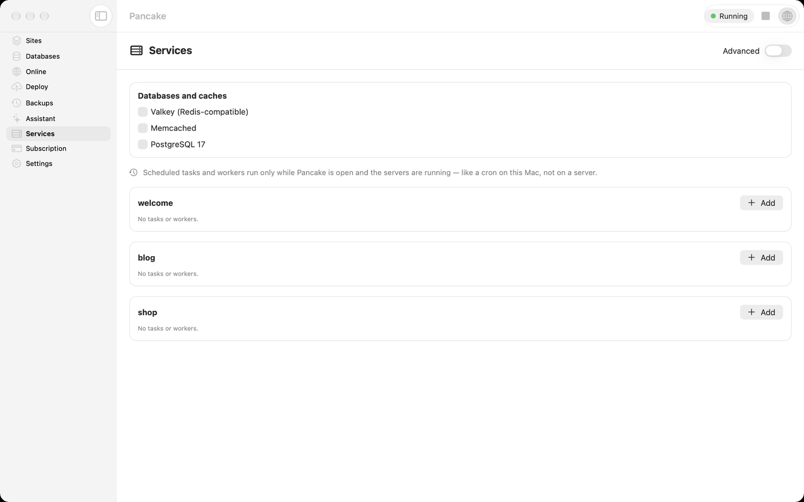 The Services pane: switches for Valkey, Memcached and PostgreSQL, then each site's tasks and workers.