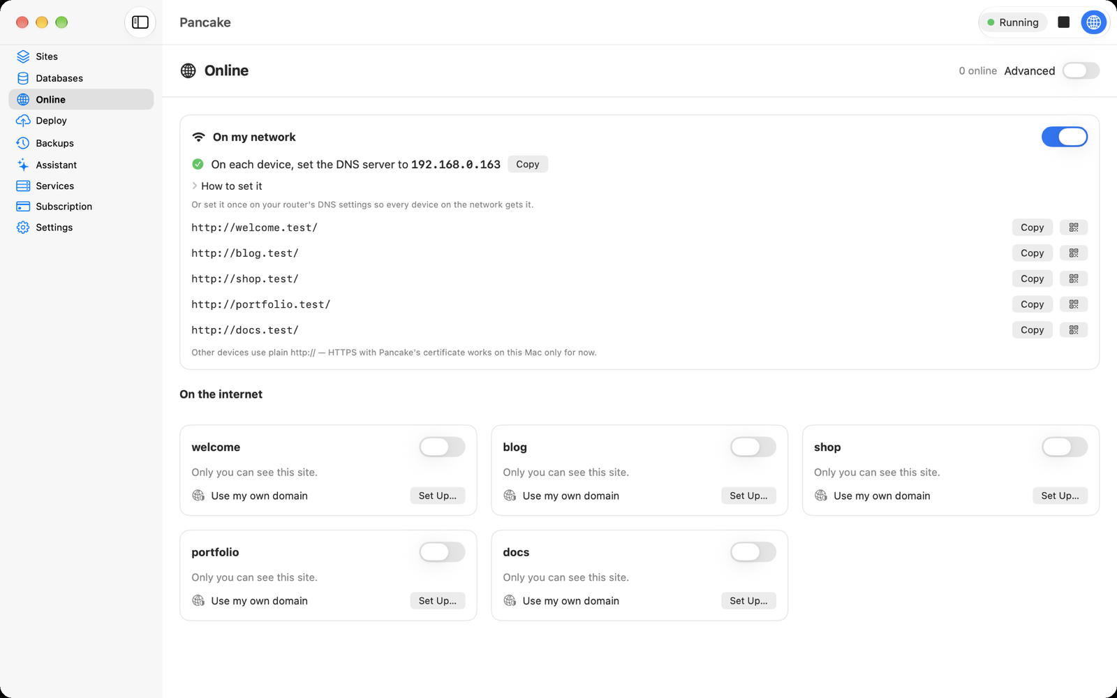 On my network switched on: the DNS address to give your devices, and each site's .test address with Copy and a QR code.