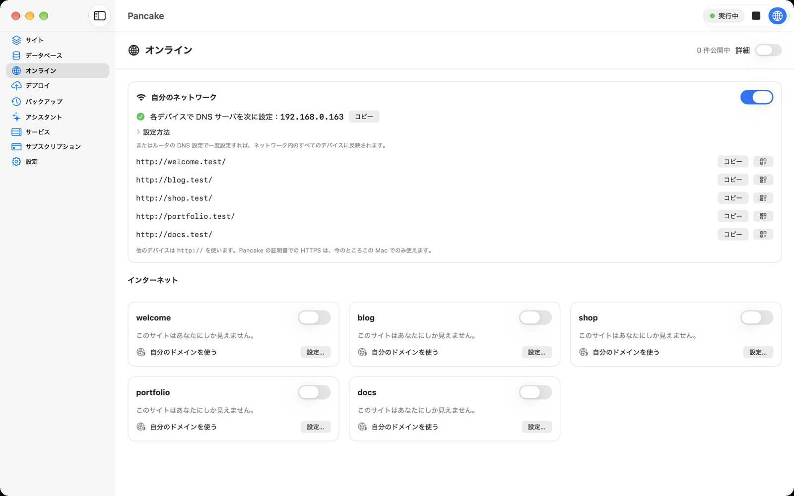 自分のネットワークをオンにした状態:デバイスに設定する DNS のアドレスと、各サイトの .test のアドレス(コピーと QR コード付き)。