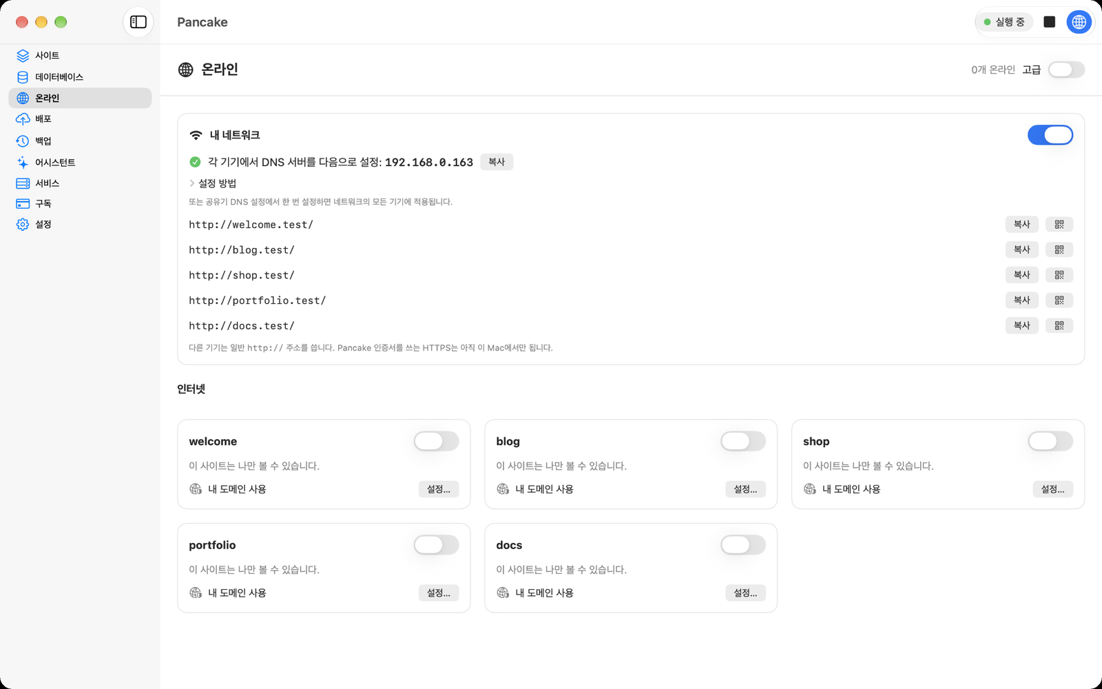 내 네트워크를 켠 모습: 기기에 설정할 DNS 주소와, 사이트마다 복사 버튼 및 QR 코드가 있는 .test 주소.